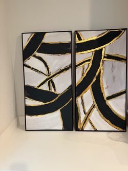 Abstract Black White Gold Diptych Canvas Art