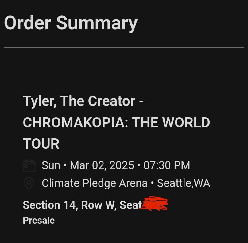 1 Tyler The Creator Tix For Sun 3.2 Night. Great Club Section Seats