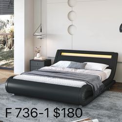 Full size Wave-Like Curve PU Leather Platform Bed Frame with Adjustable Headboard and LED Lights(736-1)