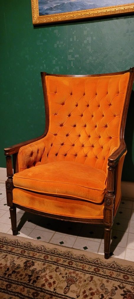Vintage Orange Velvet Tufted Wingback Chair
