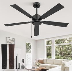 Brand New 52 Inch Ceiling Fan No Light with Pull Chain, Modern Ceiling Fan without Lights, 6-Speeds, Quiet DC Motor, Remote Control, Black Ceiling Fan