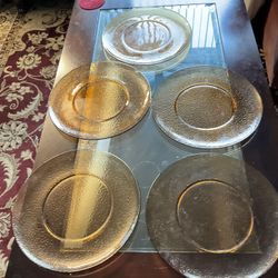 set of five beautiful 13.25” round tented serving brown glass platters new except little chip in one