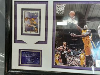 Shaq Autographed Picture, Player Card, Name Label In Glass Frame.