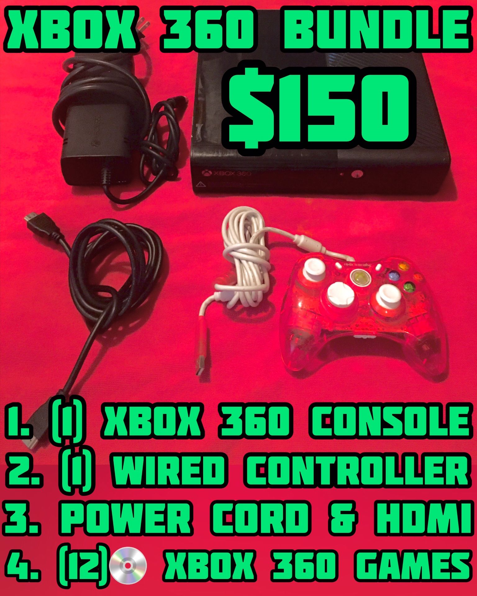 XBOX 360 CONSOLE, 12 GAME'S OF YOUR CHOICE,, CONTROLLER AND ALL CORDS