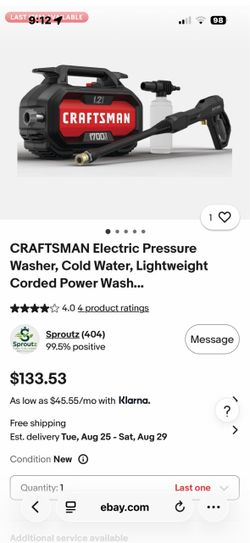 Craftsmen Pressure washer 1800 psi 1.2 gpm in black