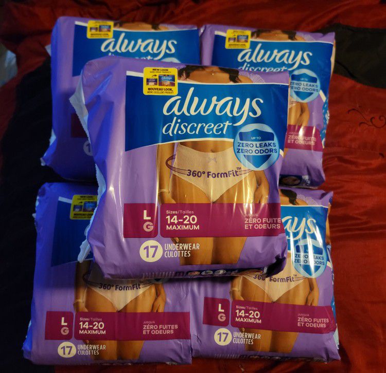 5 Always Discreet/0 Leaks & 0 Odors/17 Count Each/Size LARGE