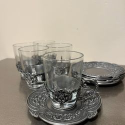 10 Piece Vintage Set Tea /Coffee glass Cup and elegant pewter metal