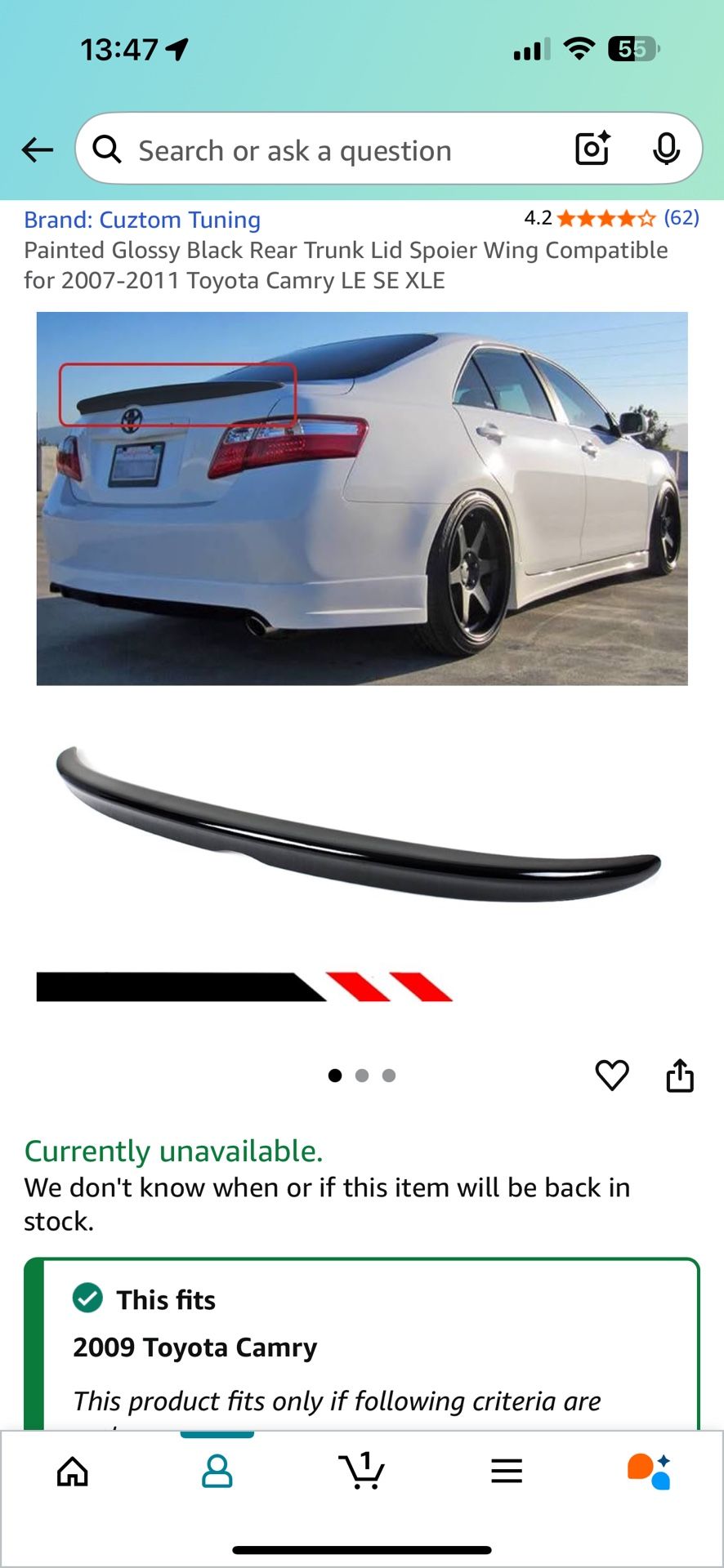 2009 Toyota Camry Rear Spoiler - May Fit Others