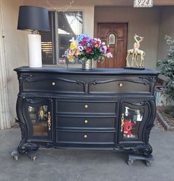 Michael Amini Firenze Sideboard- Solid Wood Sideboard- Black with Gold