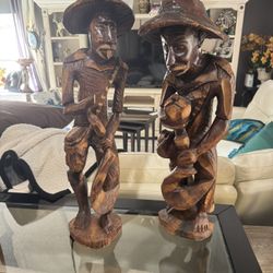 Large Hand-Carved Folk Art Wood Statues – Pair