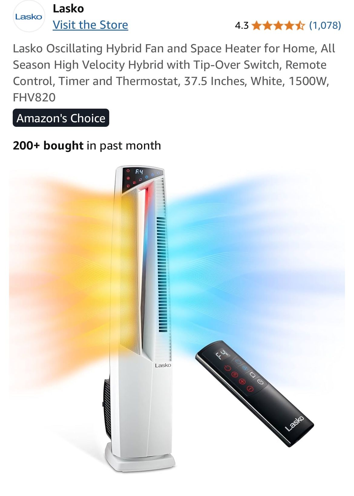 Like New- Lasko Oscillating Hybrid Fan and Space Heater for Home, All Season High Velocity Hybrid with Tip-Over Switch, Remote Control, Timer and Ther