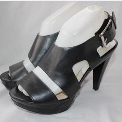 Michael Kors Womens Carla Sandals Size 6 1/2 Black Leather Platform Heel Dress Shoes