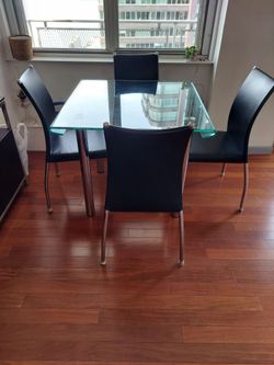 Glass top, square dining table with 4 chairs