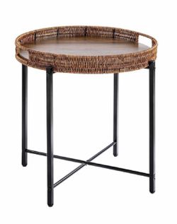 16.5in Round Rattan Side Table with Wooden Top