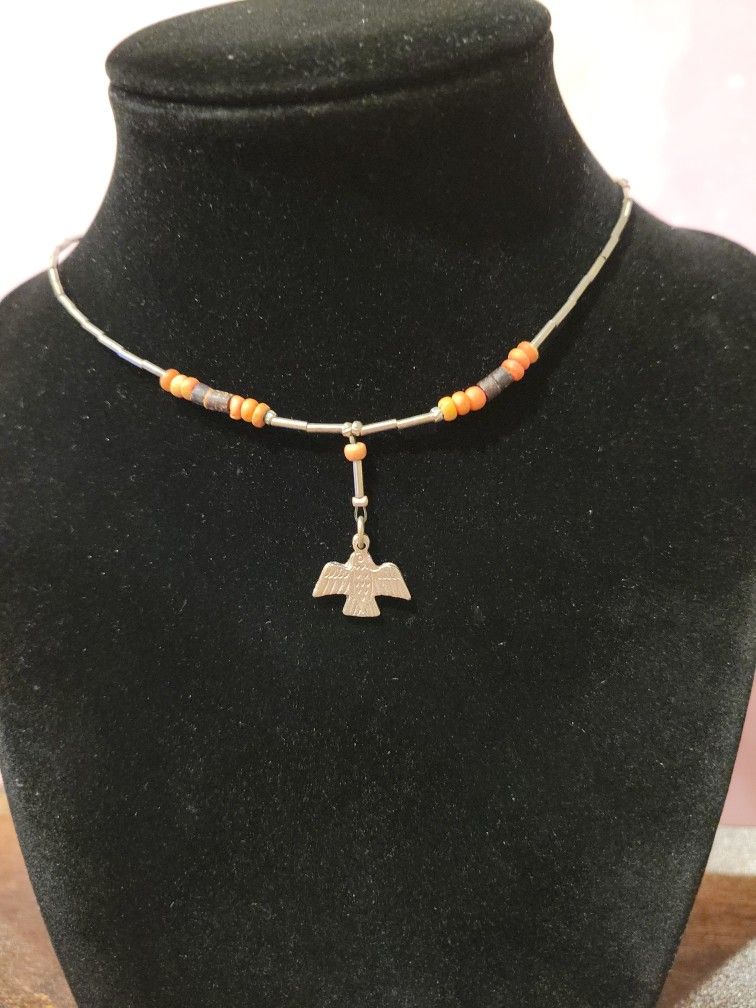 Silvertone Native American Thunderbird Charm Necklace Spiny Orange Oyster Beads 15.5 " Choker Necklace F12