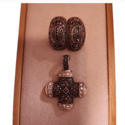 A925 Sterling Silver Marcasite Gem CZ Cross Pendant Earrings Matching Set