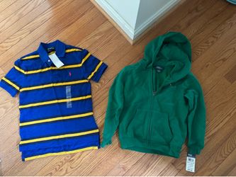 Size 7 green Polo Ralph Lauren green zipup hoodie and blue/black/yellow striped size 8 polo (New with tags)