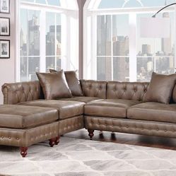 CHESTERFIELD INSPO STYLE DARK BROWN COFFEE TUFTED MODULAR SECTIONAL SOFA CHAISE COUCH - SILLON SECCIONAL