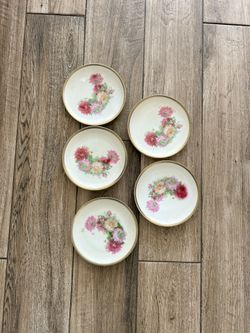 Set of 5 Antique German Porcelain Plates – Hand-Painted Chrysanthemums with Gold Rim (c. 1900)