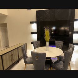 Dining set table elegant black gold gray marble chairs furniture house sideboard modern contemporary