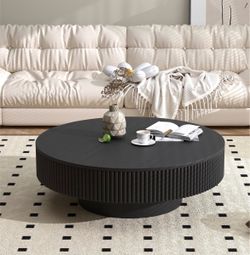 31.5'' Black Round Fluted Coffee Table for Living Room, Mordern Wood Drum Coffee Table for Small Space, Mid-Century Center Accent Table for Apartment