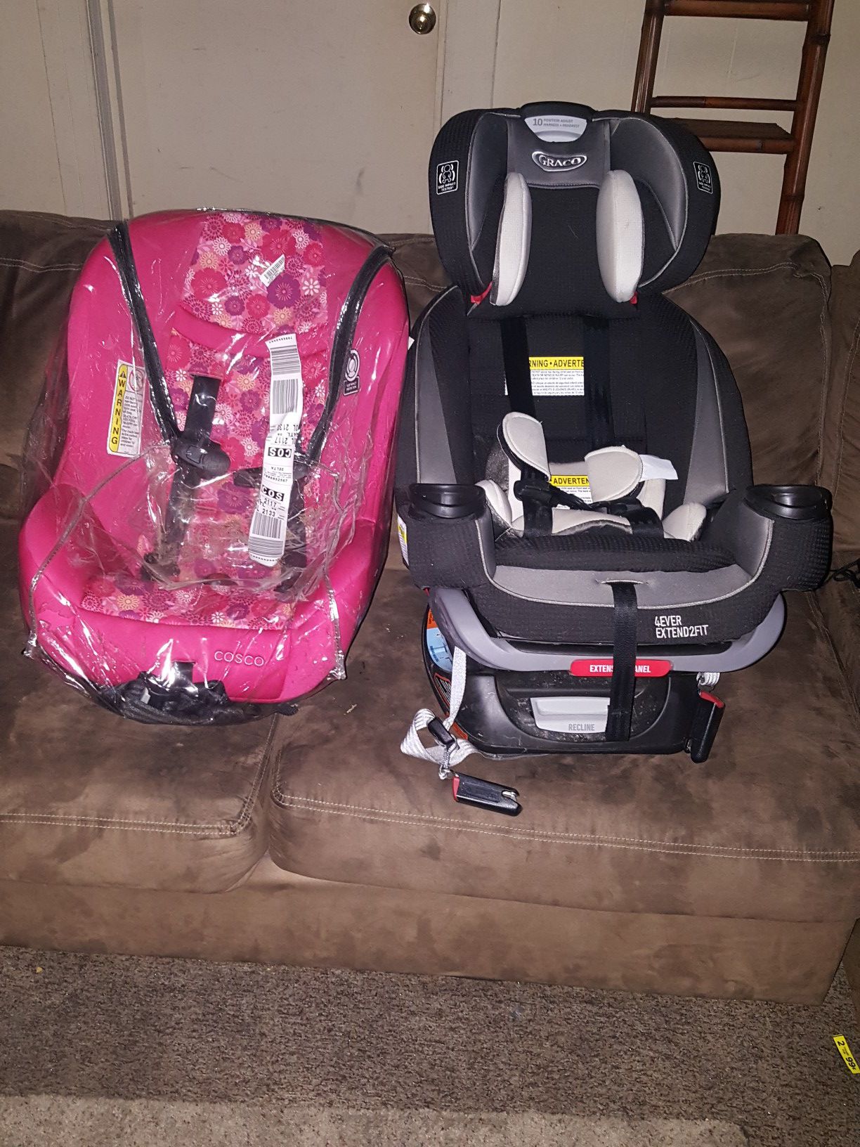 Graco 4ever Extend2Fit & Cosco Scenera Next Convertible Car Seat, Orchard Blossom Pink, both for $200