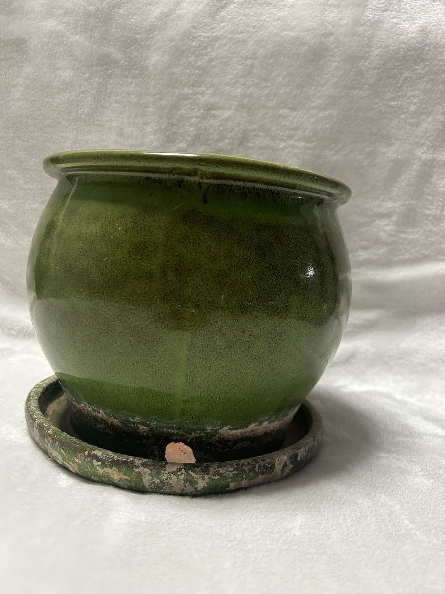 A Medium 7 inch ceramic green planter pot with drainage saucer