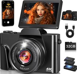 4K Digital Camera for Photography Autofocus, Upgraded 64MP WiFi Vlog Camera for YouTube with 3" 180° Flip Screen, 16X Zoom, Compact Travel Cameras for