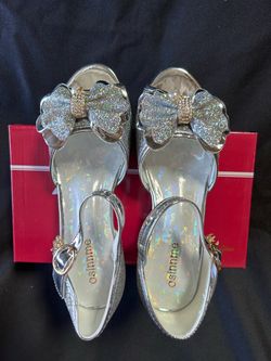 Girls Silver Glitter Bow Heeled Sandals