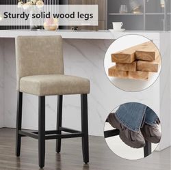 26" Faux Leather Bar Stools, Modern Upholstered Bar Height Bar Chairs, Soild Wood Legs Barstools with Back, Beige 99&50