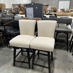 CHITA 26 in Upholstered Swivel Counter Bar Stools with Back&Wood Legs Set of 2, Fabric in Linen