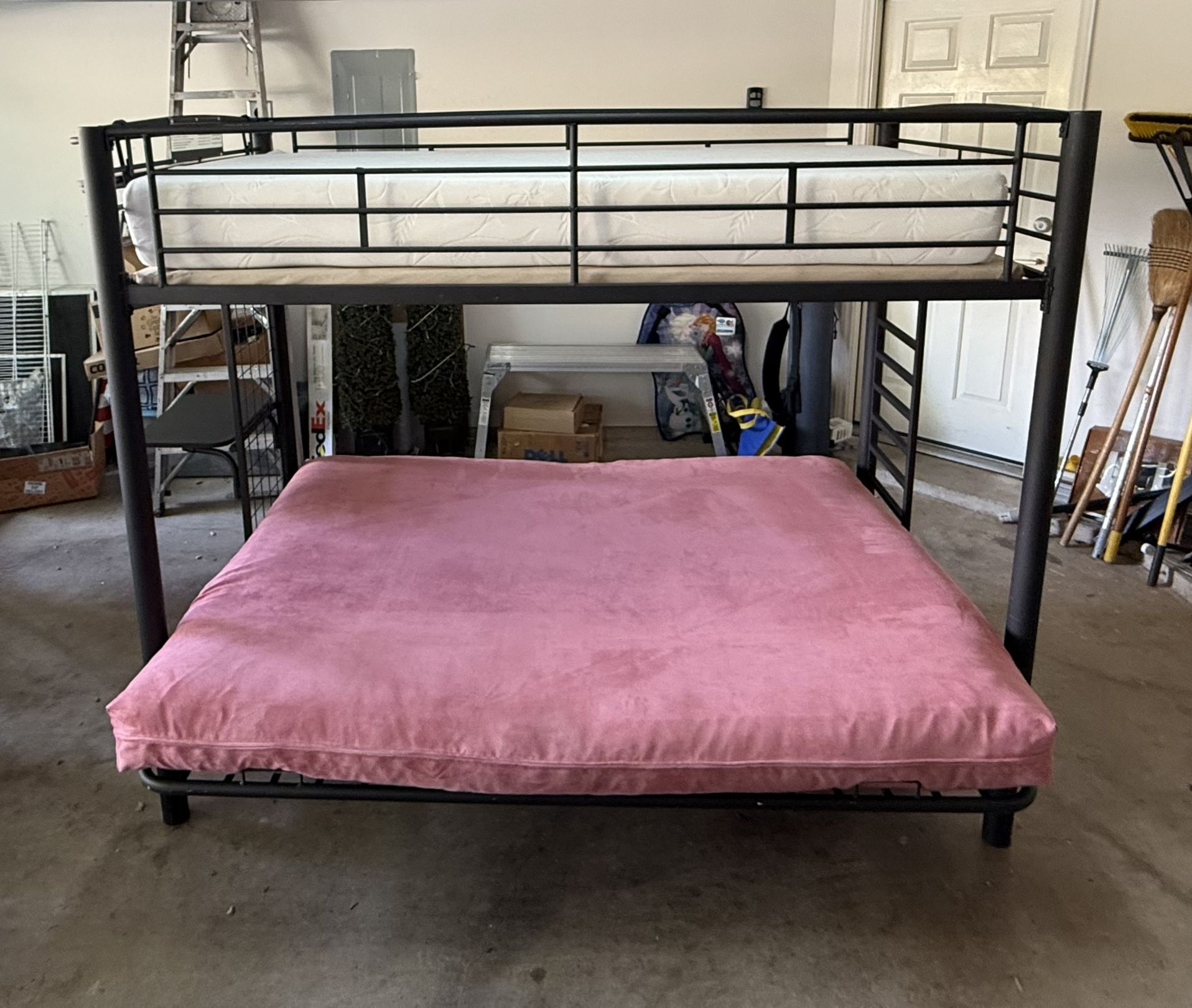 Metal bunkbed with twin Tempur-Pedic mattress over full/double futon, everything included! $350 OBO
