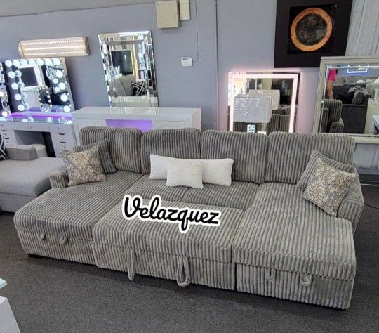 ✅️✅️3 pc Ash grey corduroy fabric sectional sofa with double storage chaise and pop up sleep area in center✅️✅️✅️