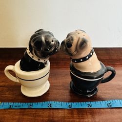 Salt and Pepper Shakers Set: Beige Bulldog and Black Bulldog in a Cup