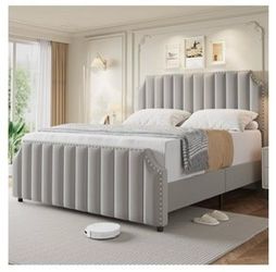 gaomon King Size Velvet Bed Frame 50.2in Headboard Footboard Upholstered Platform Nailhead Trim No Box Spring Noise Free