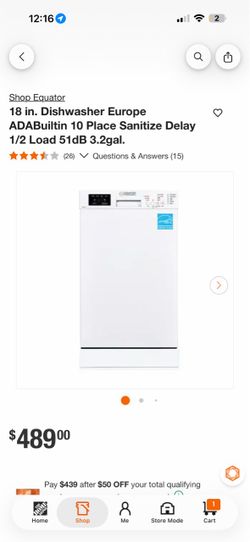 Equator 18 in. Dishwasher Europe ADABuiltin 10 Place Sanitize Delay 1/2 Load 51dB 3.2gal.