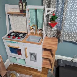 Wooden Play Kitchen With Big Bin Of Realistic Food