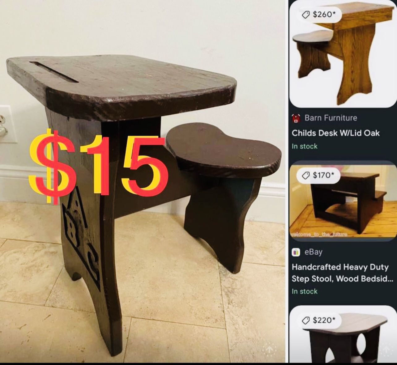 $15 Vintage Hand-Carved Wooden Kid’s desk with Seat,real Solid wood very sturdy can be painted