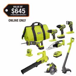 RYOBI-ONE+ 9-Tool 18V Cordless Combo Kit w/ 1.5Ah & 4Ah Batteries, Charger & Bag