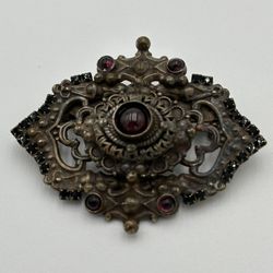 Vintage Rare Sorrelli Brooch 2” X 2 1/4” Antiqued Embellishing Design Amethyst Rhinestones Great Condition 