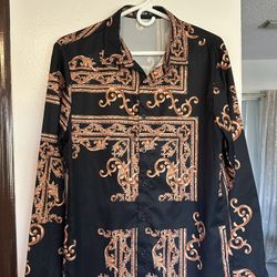 mens gold and black design print shirt size medium button up 