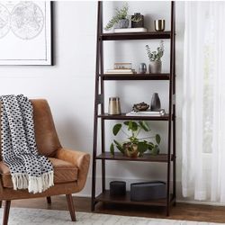 5-Tier Ladder Bookshelf Storage Organizer, Tall Bookcase for Small Space, Solid Rubberwood Frame, Modern Display Shelf, Espresso Finish, 14" D x 24.8"