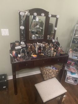 Makeup vanity with light up mirror and chair