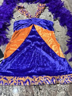 Real Deal JONES MOMMA Costume Psychedelics, Spotted, Faux, Fur, Crushed Velvet Dress & A Purple Feather Boa Size One Size Fits Most 