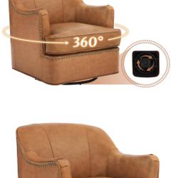 Whiskey Brown Genuine Leather Curved Back Swivel Accent Chair