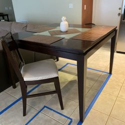 Bar height wood dining table w/4 chairs - used 50” x 50” x 37” H $200