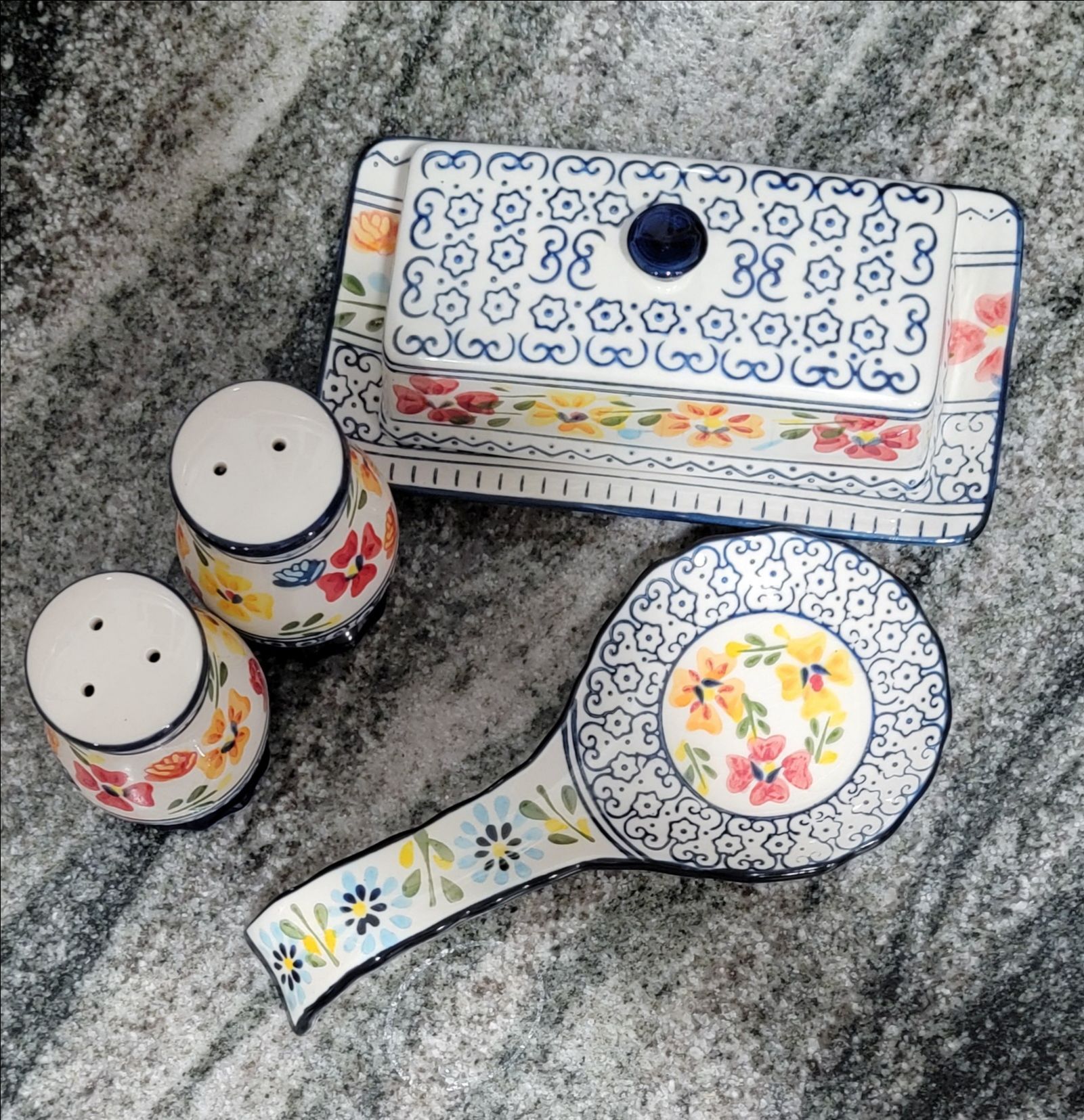 Beautiful Butterdish, Salt & Pepper Shakers and Sppon Rest