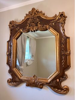 Large Vintage Gold Leaf Mirror & Marble Console Table – Ornate Hollywood Regency Set