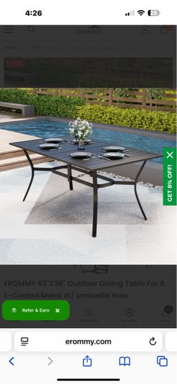 New in box EROMMY 63"X38" Outdoor Dining Table For 6, E-Coated Metal W/ Umbrella Hole, LYOT-016GY