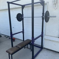 Squat Rack, Bar, Bench And Weights
